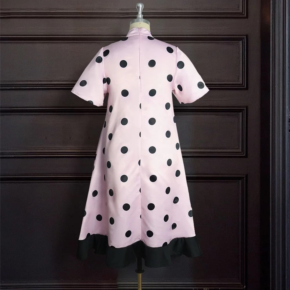 Polka Dots Bowknot Round Neck Dress Modest and Elegant for Church Going Women