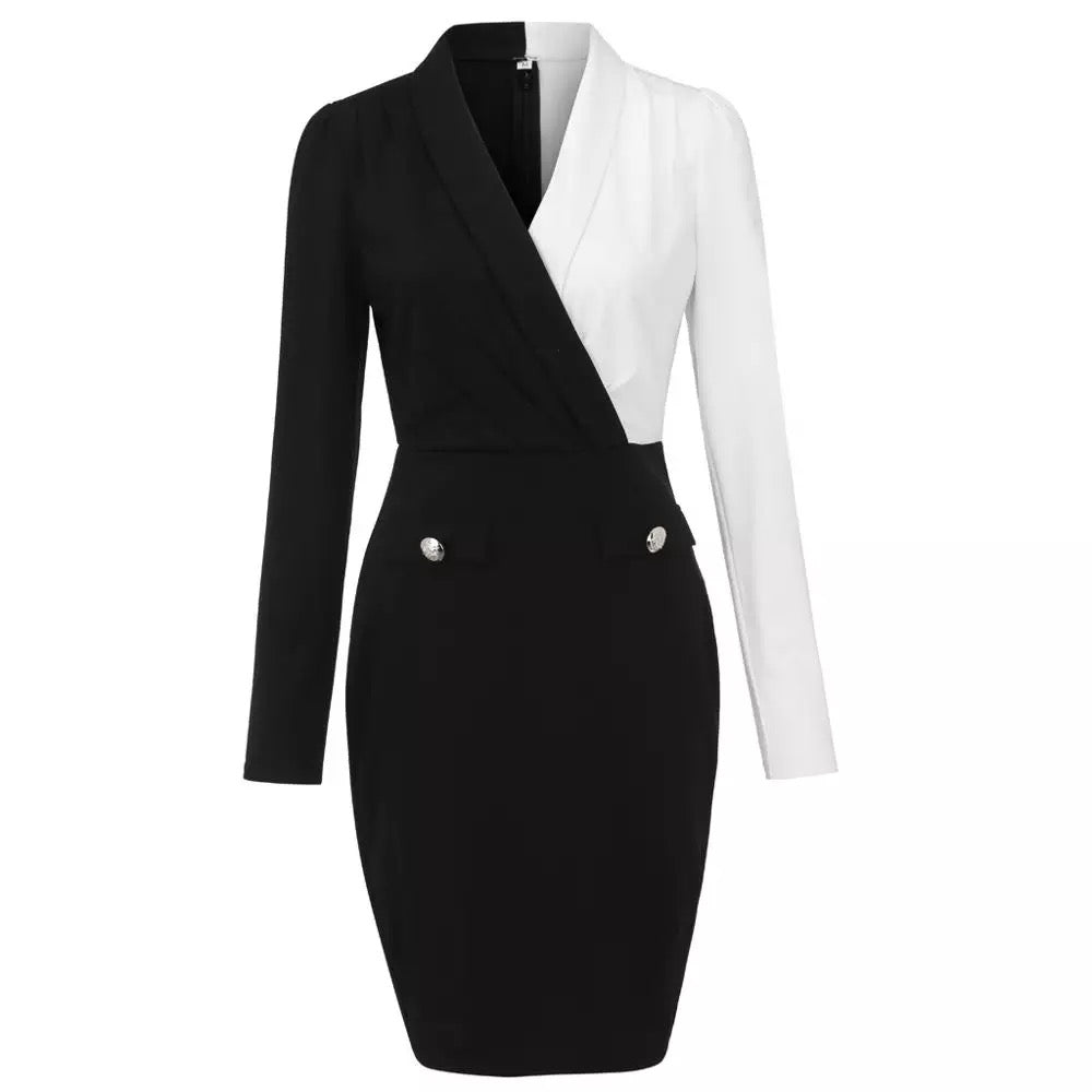 Black and White Office Fitted Dress Formal Events and Business Meetings Elegant Design