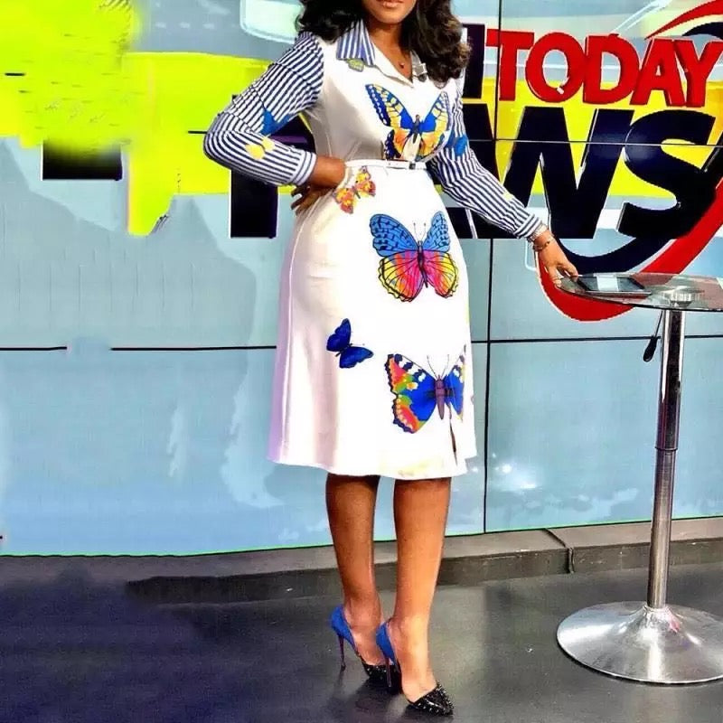Fashion Forward Printed Dress With Butterflies with Good-Looking Stripes and Classic Collar