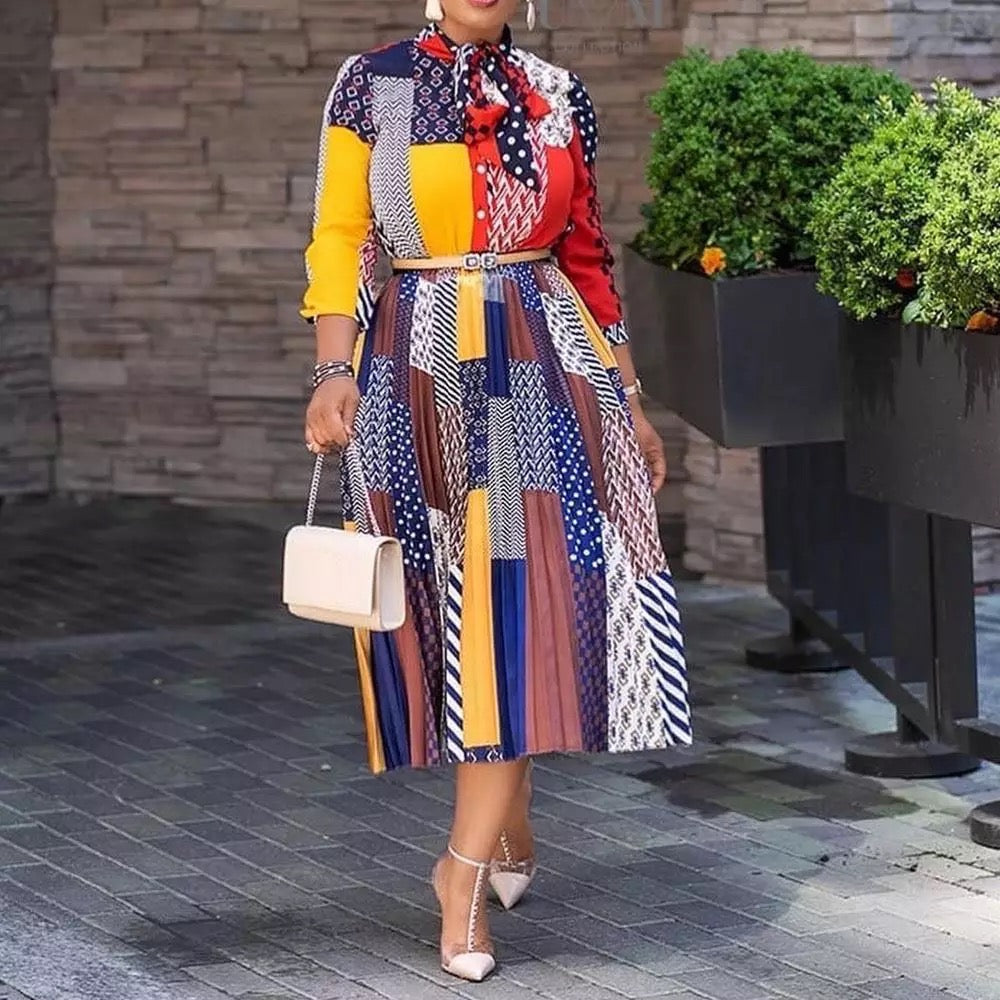 Polka Dot Dress for Spring Events Elegant Career Dress with Multi-Color Printing and Ankle Length