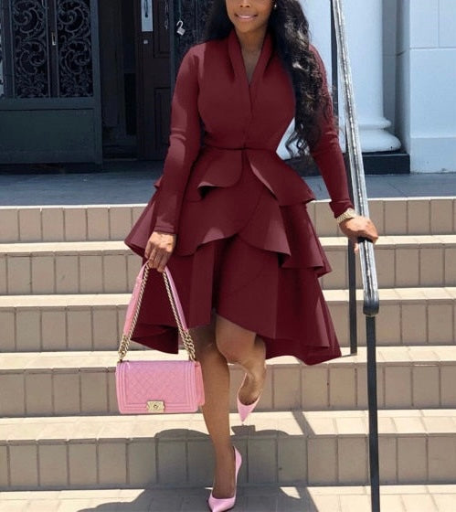Fluffy Long Sleeve V Neck Ruffles Midi Dress