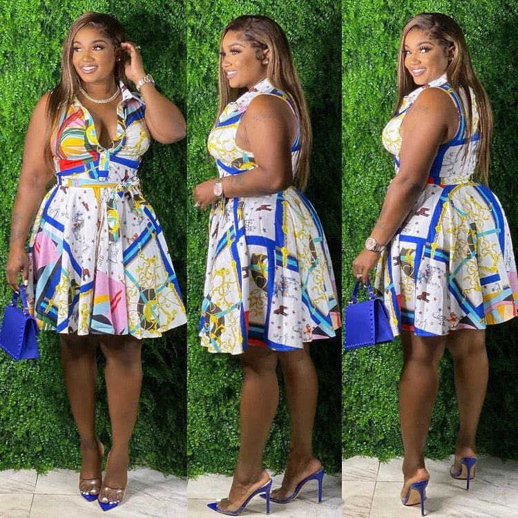 Short Printed Multi-Color Summer Dress with Deep V-Neck and Blue and White Color Scheme