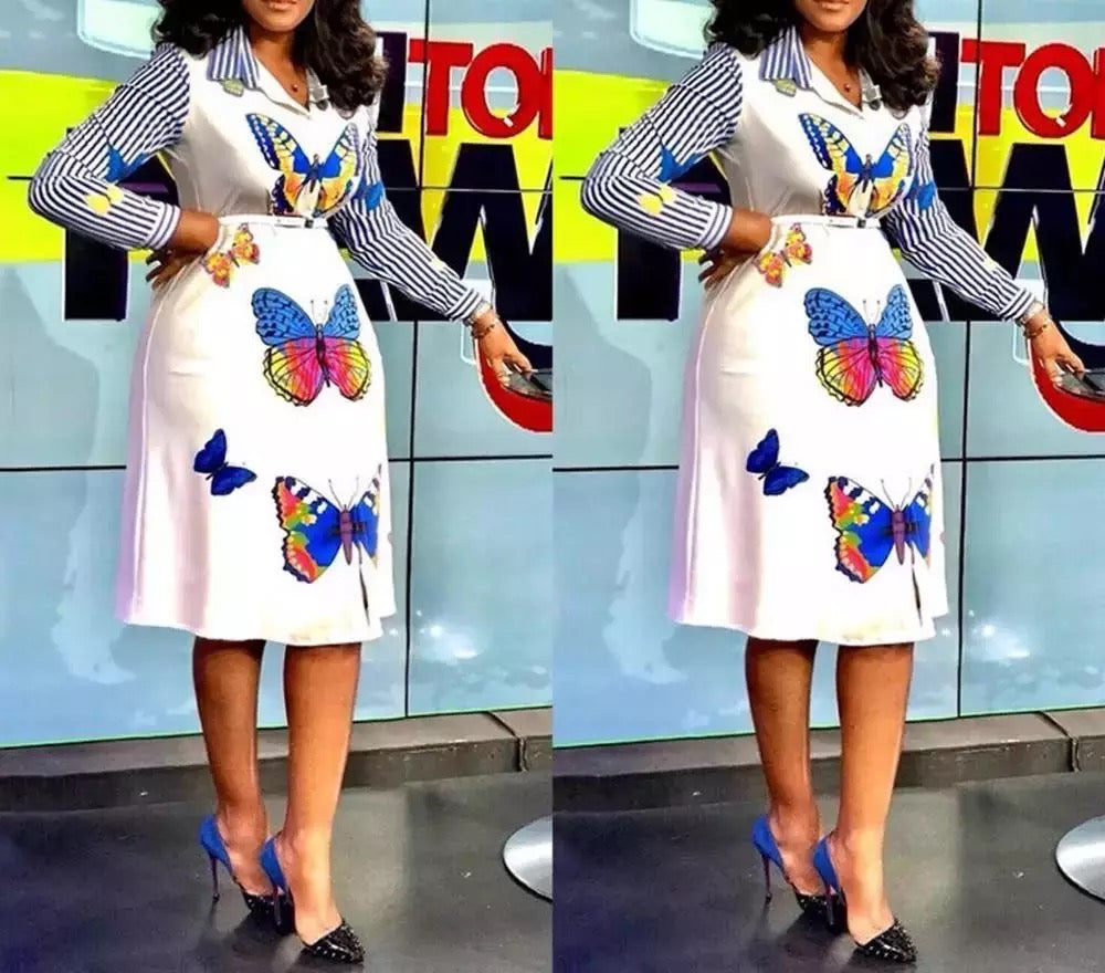 Fashion Forward Printed Dress With Butterflies with Good-Looking Stripes and Classic Collar