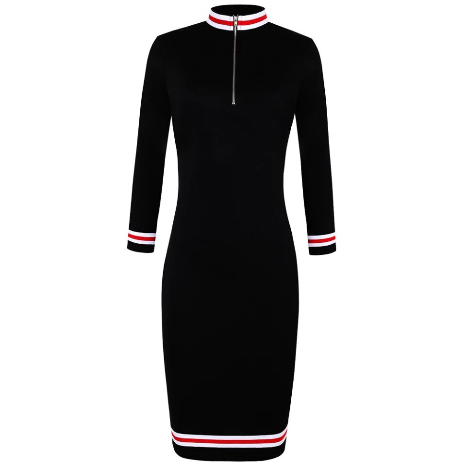 Silver Zipper Half Neck Stripe Color and Luxurious Stripe Pencil Dress for Spring Solid Black and Knee-Length Long Sleeve Sport Style Dress
