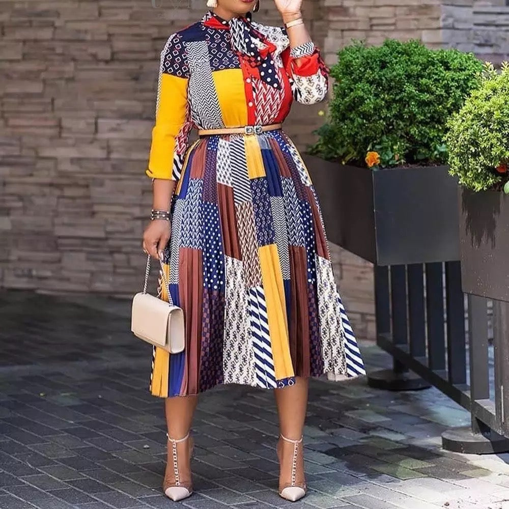 Polka Dot Dress for Spring Events Elegant Career Dress with Multi-Color Printing and Ankle Length